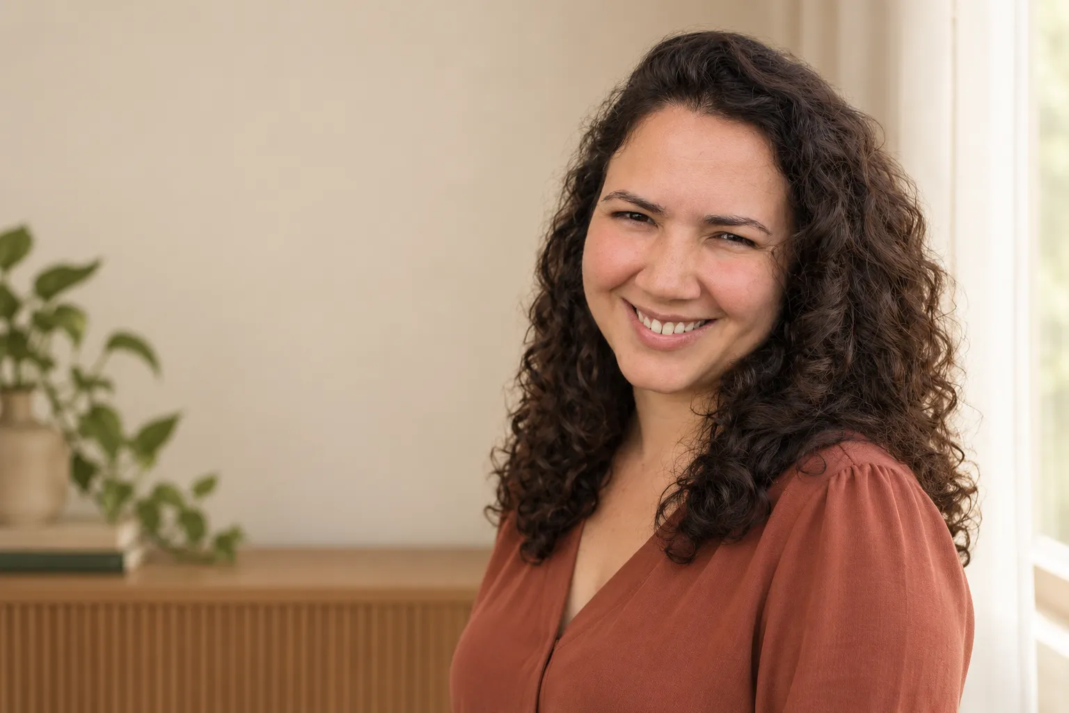 Elisa Jeieli sorrindo próxima a uma janela